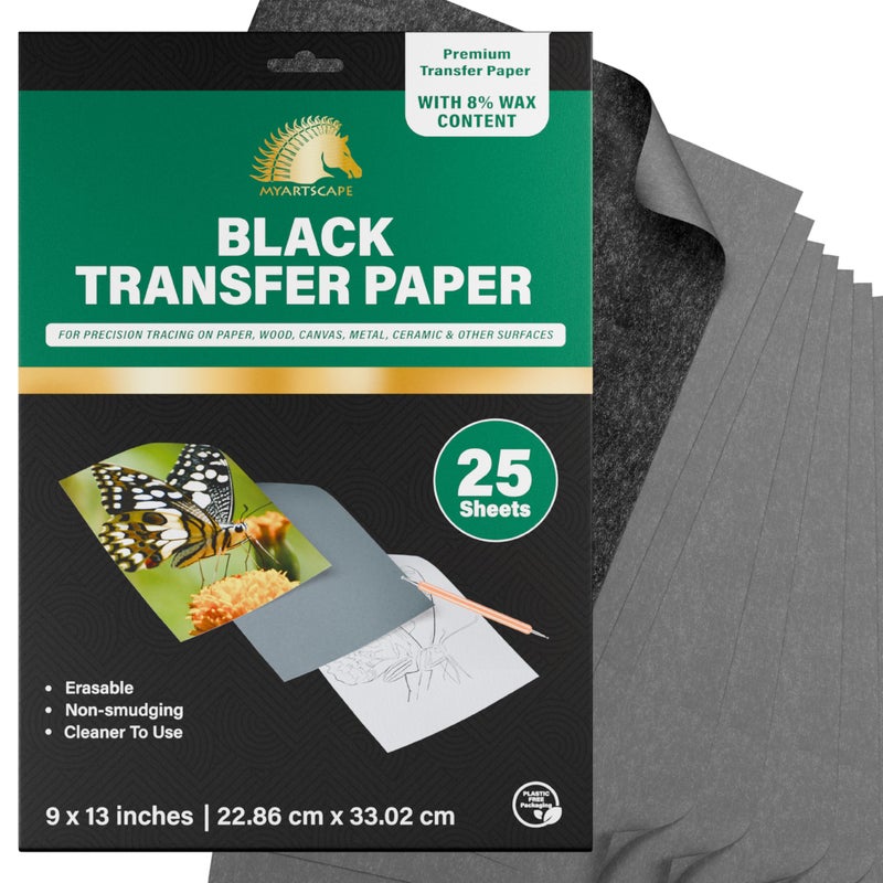 MyArtscape Graphite Transfer Paper - 9" x 13" - 25 Sheets - Waxed Carbon Paper for Tracing (Black) - Image 1